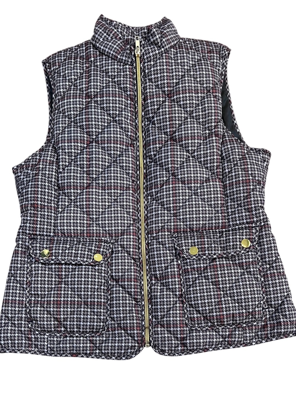 St. John's Bay Women's Small Quilted Puffer Vest Houndstooth Plaid Full Zip Gold